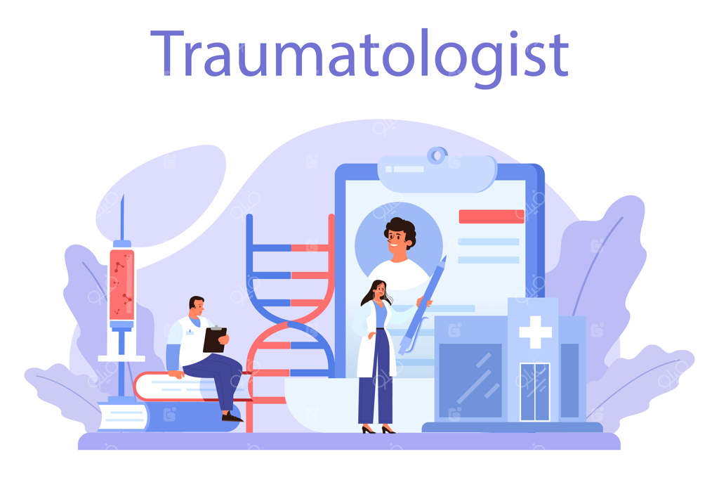 متخصص آسیب‌شناسی و جراح تروما: آسیب به عضو یا شکستگی استخوان یا پیچ‌خوردگی، بسته‌بندی و گچ‌گیری، آسیب به مفصل و سوختگی - تصویر برداری وکتور.