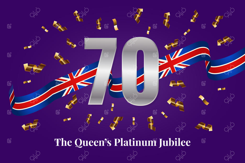 پس‌زمینه جشن پلاتینیوم ملکه با کاغذهای طلایی و عدد ۷۰ پلاتینی