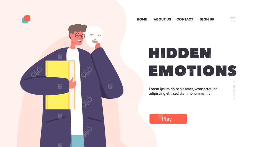 پترن صفحه فرود احساسات پنهان: مرد ناشناسی که چهره غمگین خود را پشت ماسک خندان مخفی می‌کند - سندروم دغل‌بازی