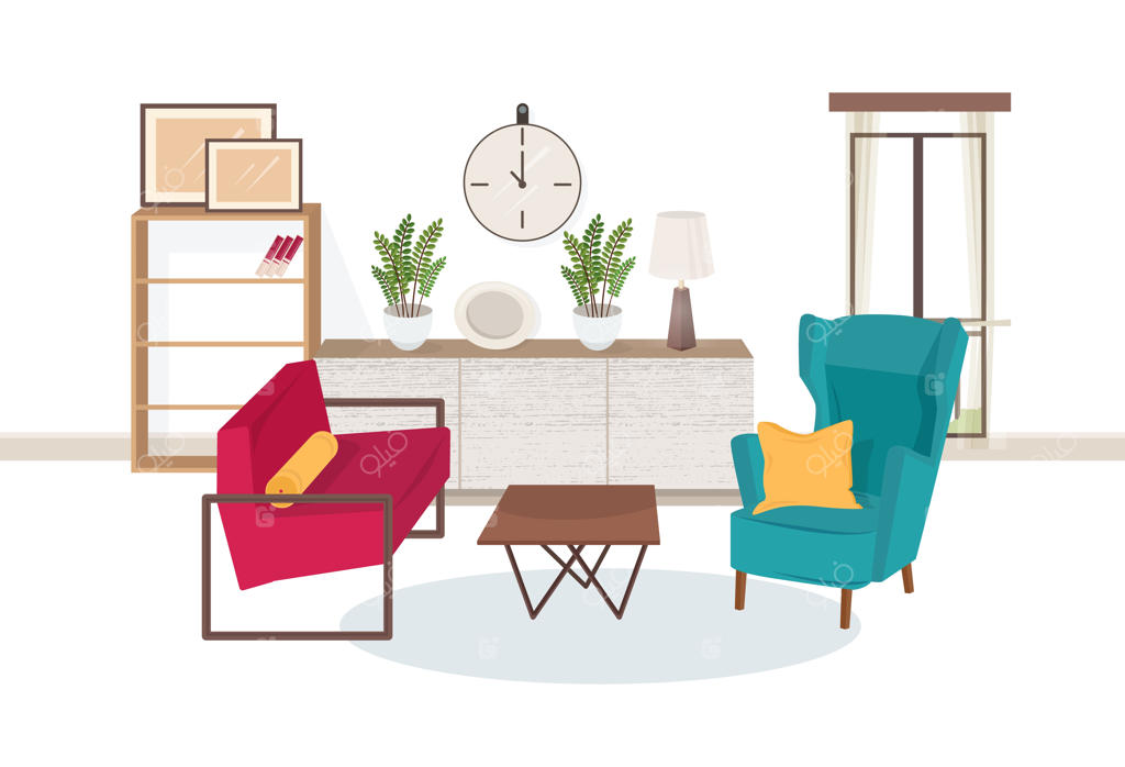 دکوراسیون داخلی اتاق نشیمن با مبلمان مدرن - صندلی‌های راحتی، میز قهوه‌خوری، قفسه‌های کتاب، گیاهان آپارتمانی، چراغ و تابلوهای دیواری