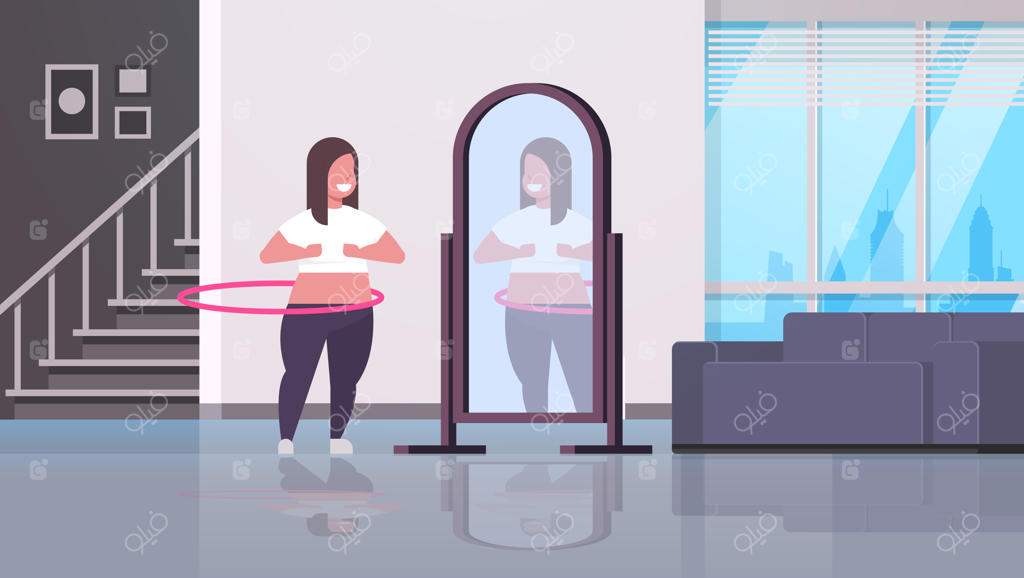 زنی در حال ورزش چرخشی با حلقه هولا هوپ که به انعکاس خود در آینه نگاه می‌کند برای کاهش وزن دخترانه