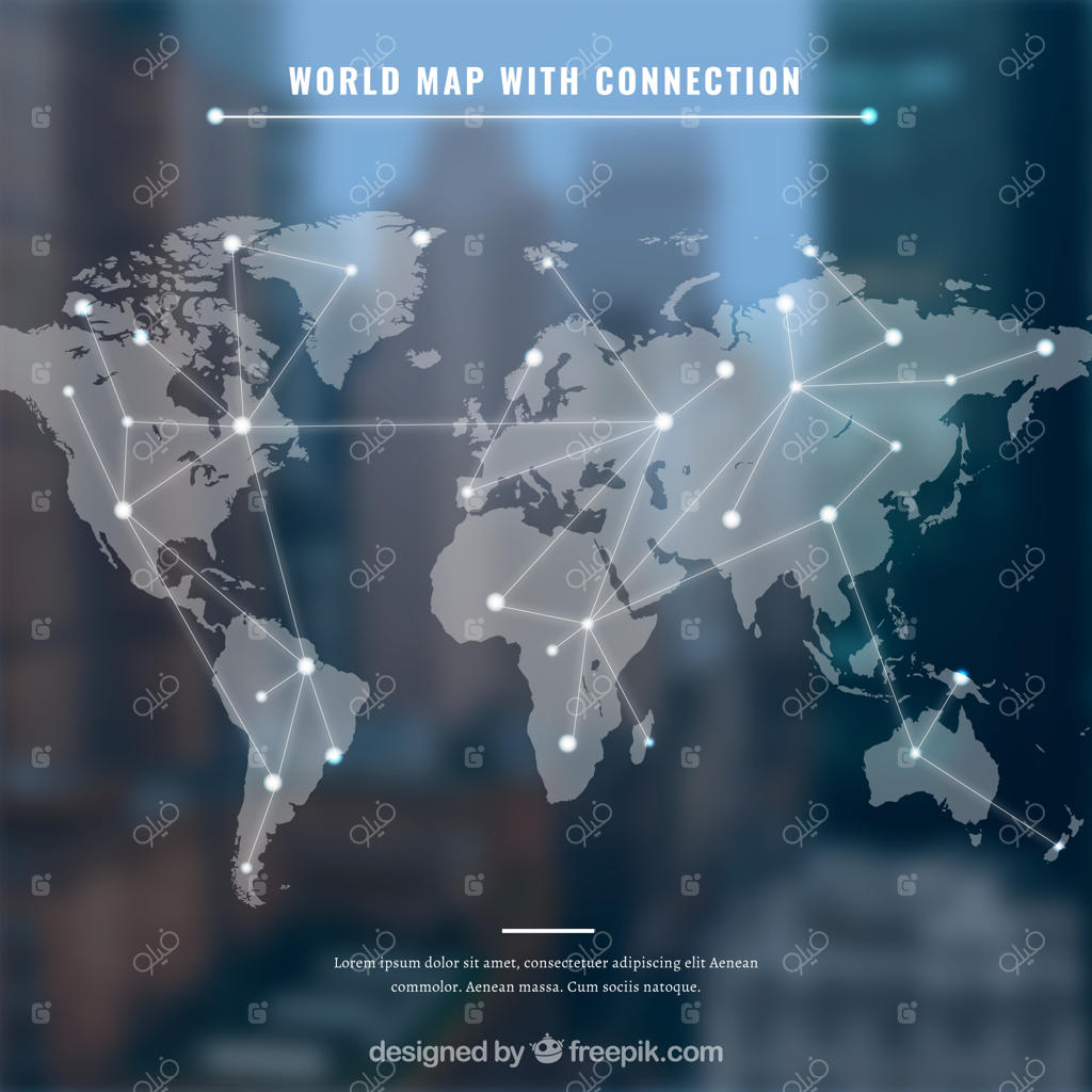 نقشه جهان با خطوط ارتباطی و پس‌زمینه آبی