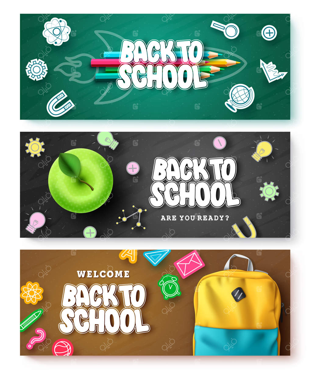 طراحی مجموعه بنر وکتور بازگشت به مدرسه با متن تزیین شده در آیکون‌های رنگارنگ
