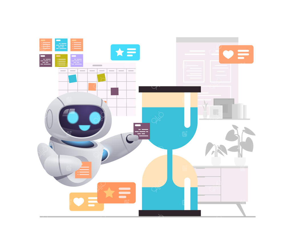 شخصیت رباتیک مشغول به کار یا مطالعه با لپ‌تاپ در کنار ساعت شنی - کارآیی و هوش مصنوعی