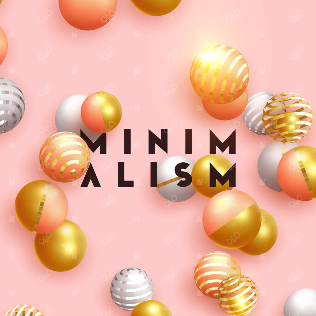 اشکال سه‌بعدی توپ طلا و نقره، کره‌های گرد حجم‌دار سفید و صورتی. پس‌زمینه انتزاعی و مینیمال. المان‌های هندسی واقع‌گرایانه وکتور