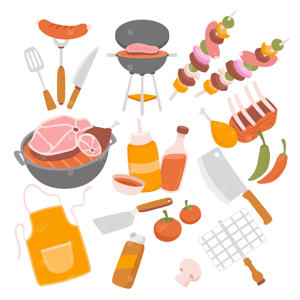 مجموعه وکتور و تصویرسازی تخت عناصر و تجهیزات باربیکیو