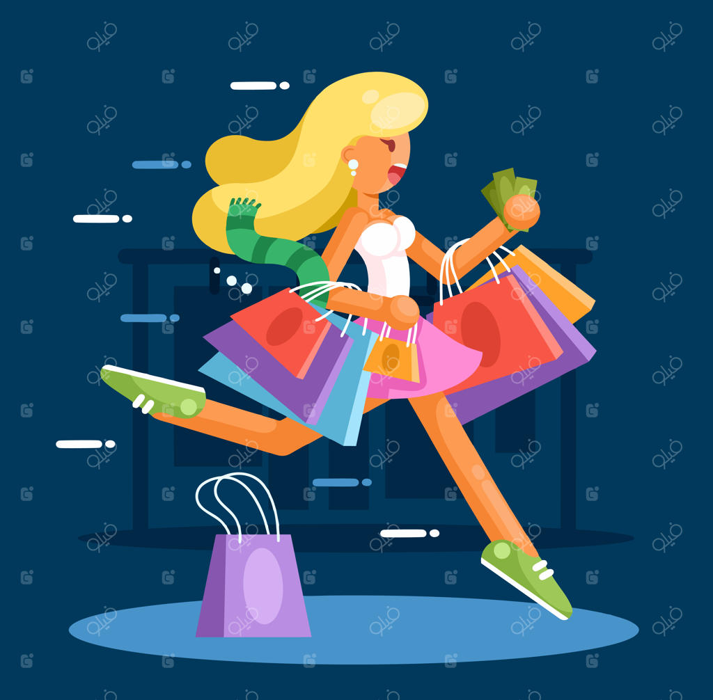 زن خوشحال با کیسه‌های خرید در حال عجله برای خرید کردن.