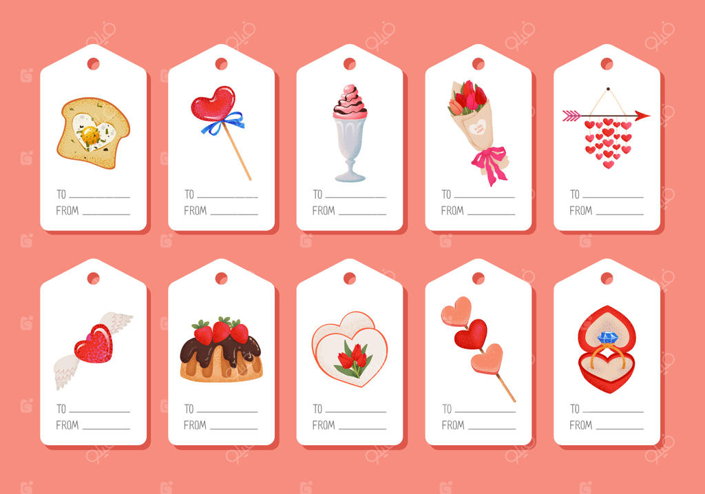 مجموعه برچسب‌های هدیه ولنتاین با عناصر عاشقانه، قلب‌ها، صبحانه رمانتیک، شیرینی‌ها، گل‌ها، هدایا. مناسب برای کارت‌ها و برچسب‌های هدیه عاشقانه و تزیین بسته‌بندی.