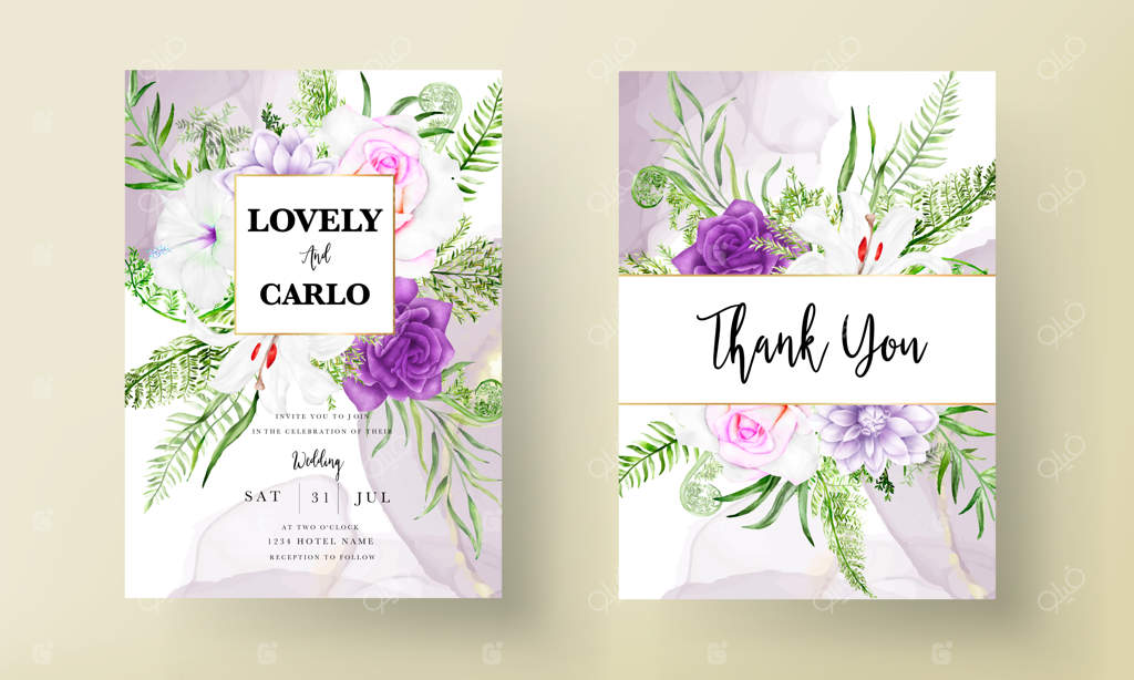 قالب کارت دعوت با طرح گل‌های بنفش زیبا