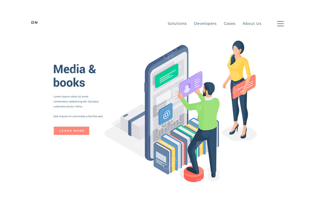 افرادی که در حال مرور رسانه و کتاب با گوشی هوشمند هستند. مرد و زن ایزومتریک در حال استفاده از اپلیکیشن مدرن گوشی هوشمند با رسانه و کتاب در بنر وبسایت