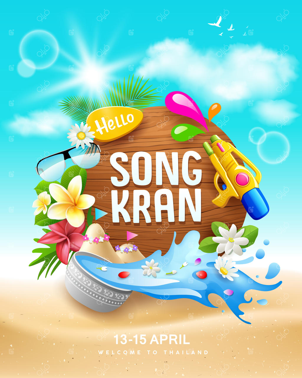 جشن سونگکران تایلند روی تابلوی چوبی: گل‌ها، آب تابستانی، و پاشیدن آب در کاسه