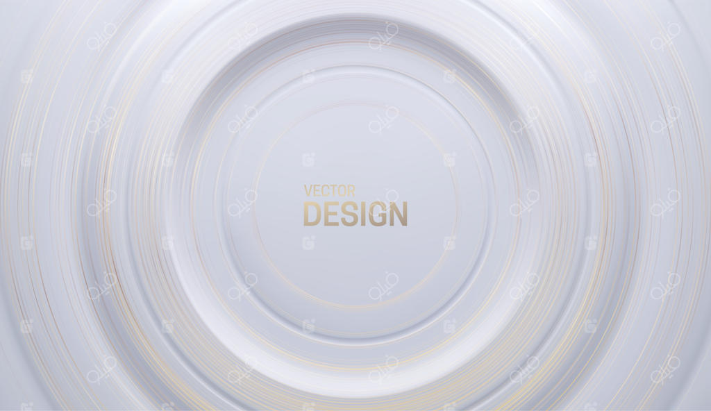 پس‌زمینه انتزاعی هندسی با سطح سفید متحدالمرکز و جلوه طلایی ناهمسانگرد