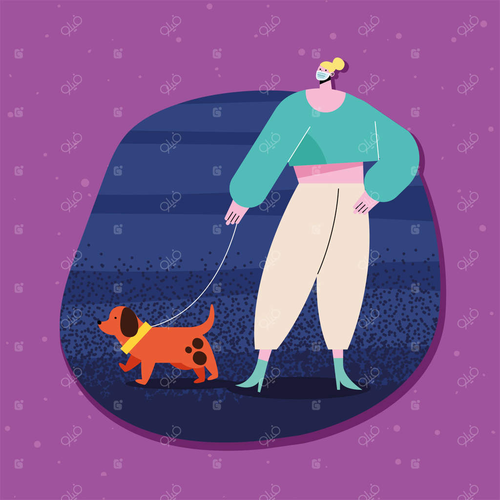 زن ماسک زده در حال قدم زدن با سگ