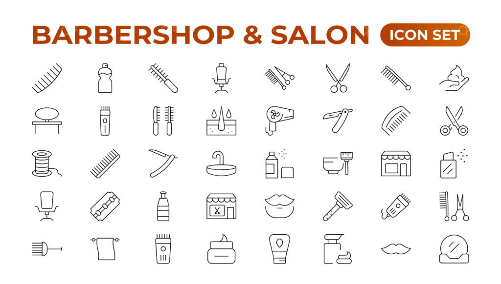 نمادهای آرایشگاه - مجموعه‌ای از طرح‌های مینیمال و خطی قابل ویرایش برای وب. مجموعه‌ای از ابزارهای آرایشگری. بسته هنری به سبک وکتور.