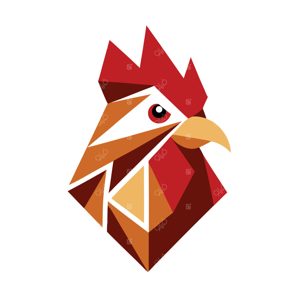 تصویر لوگوی سر خروس به صورت هندسی با اشکال چندضلعی قرمز، نارنجی و قهوه‌ای روی زمینه سفید