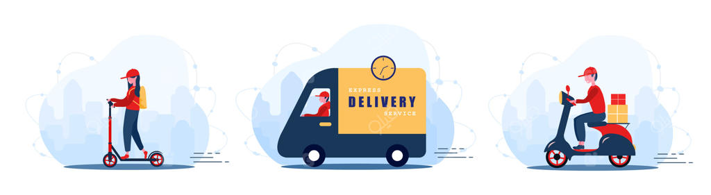 مفهوم خدمات تحویل آنلاین برای خانه و دفتر کار: پیک سریع با ماشین، دوچرخه و اسکوتر. ارسال غذای رستوران و مرسولات پستی. تصویرسازی مدرن به سبک کارتونی.