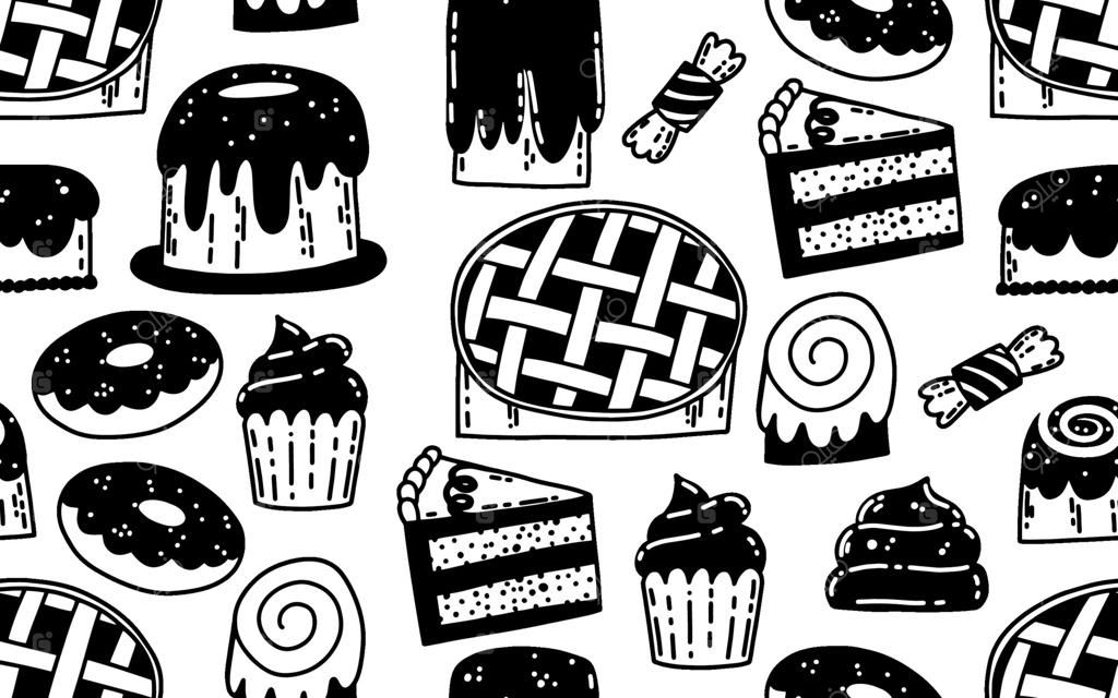 الگوی بدون درز و طرح دستی شیرینی و قنادی؛ کیک تولد، مافین، دونات و خوراکی‌های خوشمزه با طراحی سیاه و سفید