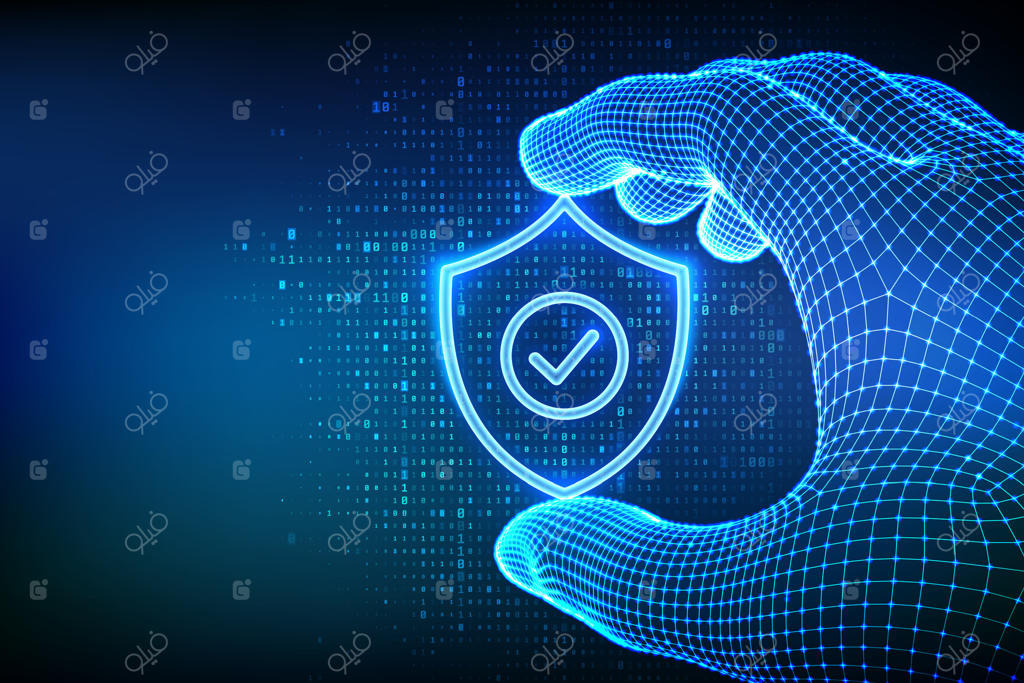 سپر امنیتی: محافظت سایبری. آیکون سپر حفاظتی با علامت تیک در دست‌سازه سیمی بر روی بک‌گراند کد باینری. حفاظت از داده‌های سایبری. ایده حفظ حریم خصوصی اطلاعات. تصویرسازی.