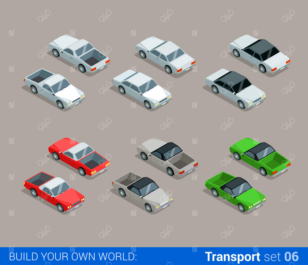 مجموعه آیکون‌های باکیفیت و ایزومتریک حمل‌ونقل شهری: خودرو، پیکاپ، کابریولت، سدان - مجموعه وب اینفوگرافیک بسازید جهان خود را بسازید