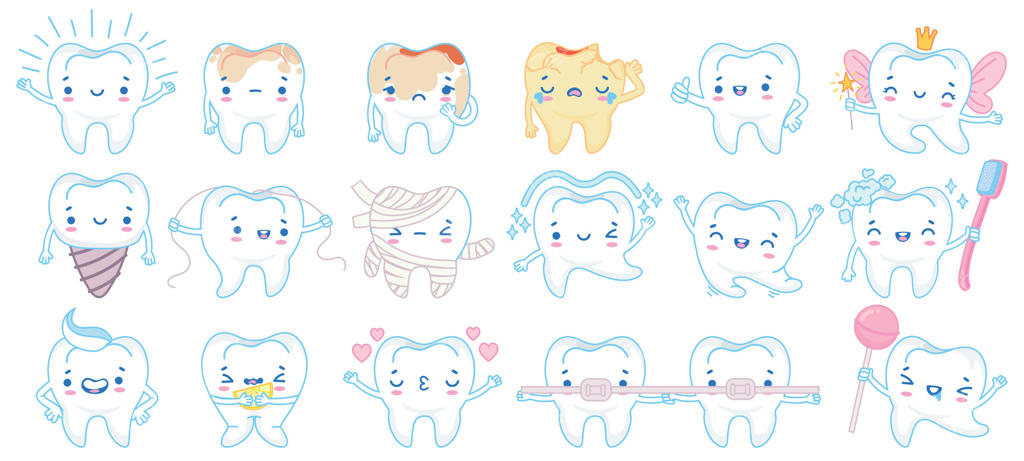 مسکات کارتونی دندان: شخصیت‌های درمان دندان شاد و خندان همراه با خمیر دندان و مسواک. مجموعه تصاویر وکتور مسکات‌های دندانپزشکی