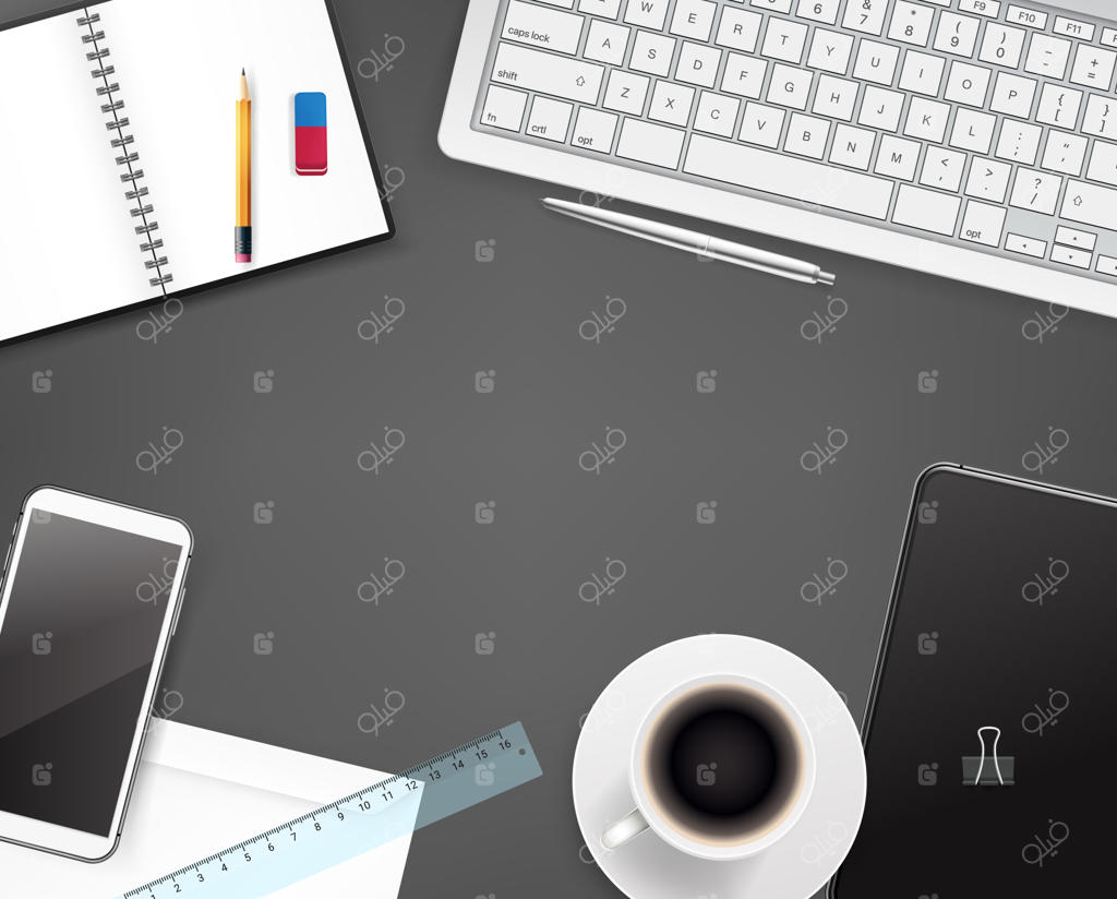 لوازم اداری، وسایل مختلف تجاری روی میز، نمای بالا