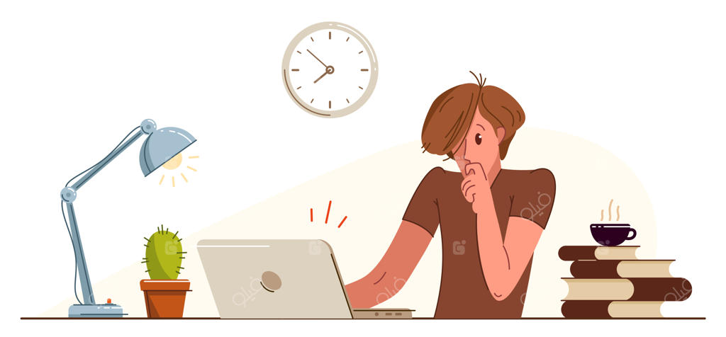 جوانی مضطرب در حال کار روی پروژه‌ای با استرس - تصویرسازی برداری در محیط دفتر یا خانه، فوریت و فشار مهلت نهایی، حل مسئله.