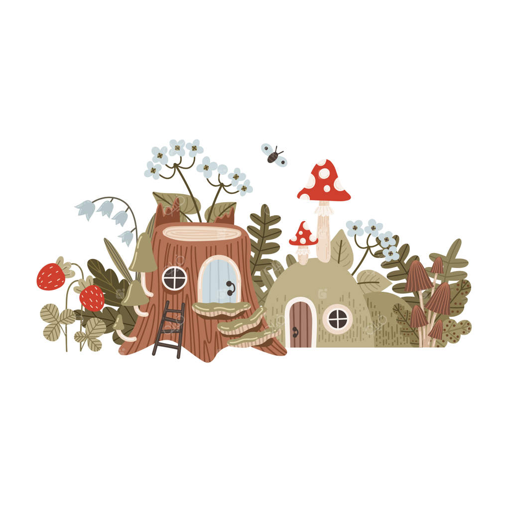 خانه کوچک جنگلی - تصویرسازی وکتور کودکان با خانه‌های قارچی، گل‌ها و پروانه‌ها