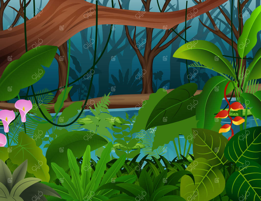 جنگل سبز و سرسبز گرمسیری و رودخانه‌ای تازه و زلال