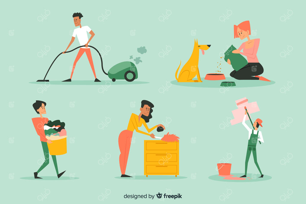 جوانان در حال تمیز کردن خانه با یکدیگر