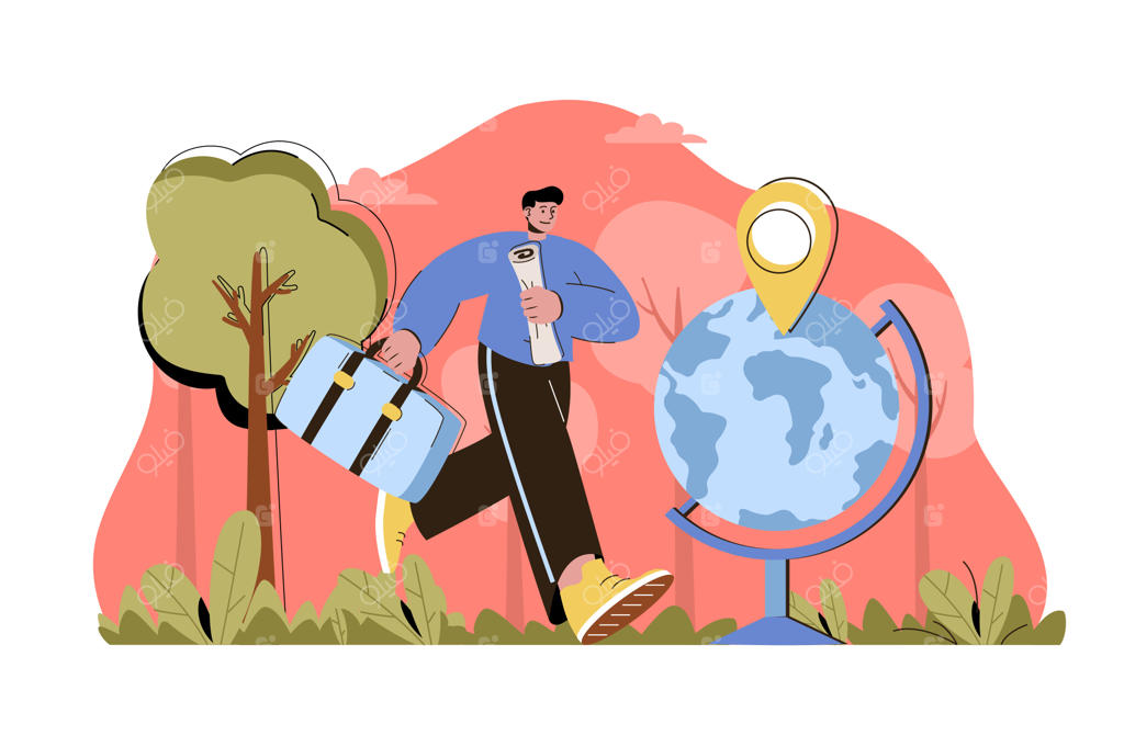 مردی با چمدان در حال سفر به دور دنیا
