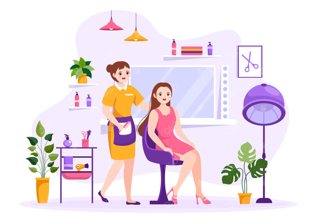 آرایشگاه با خدمات آرایش مو، کوتاهی مو، مراقبت از مو و مدل‌های موی زیبا در قالب‌های دست‌کشیده کارتونی