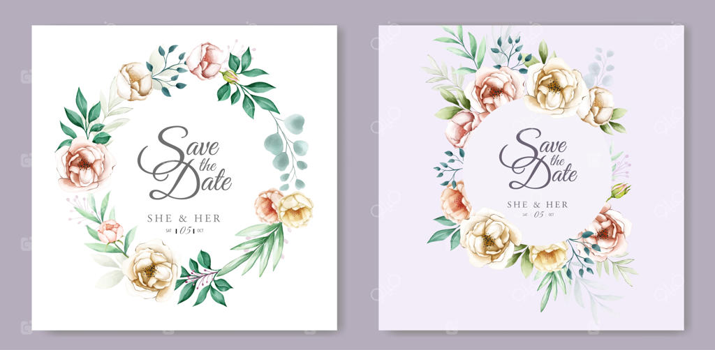 قالب کارت عروسی با طراحی گل‌های آبرنگی زیبا