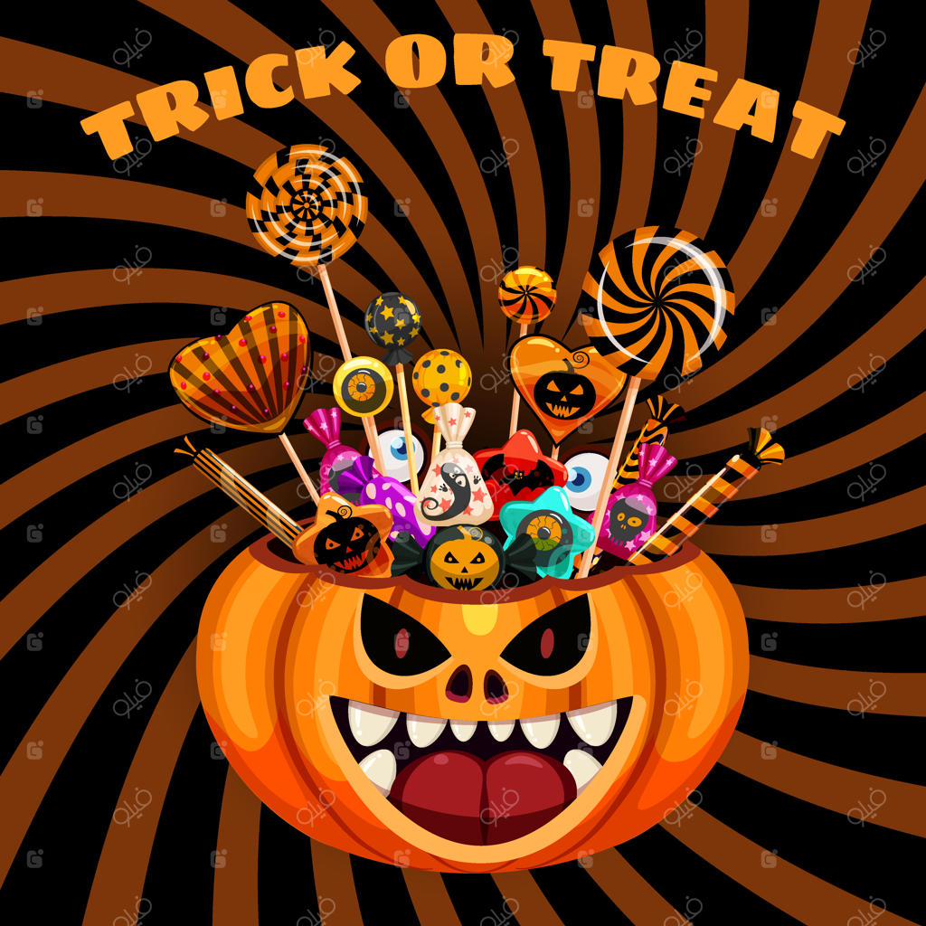 کیسه کدو حلوایی هالووین پر از آبنبات و شیرینی