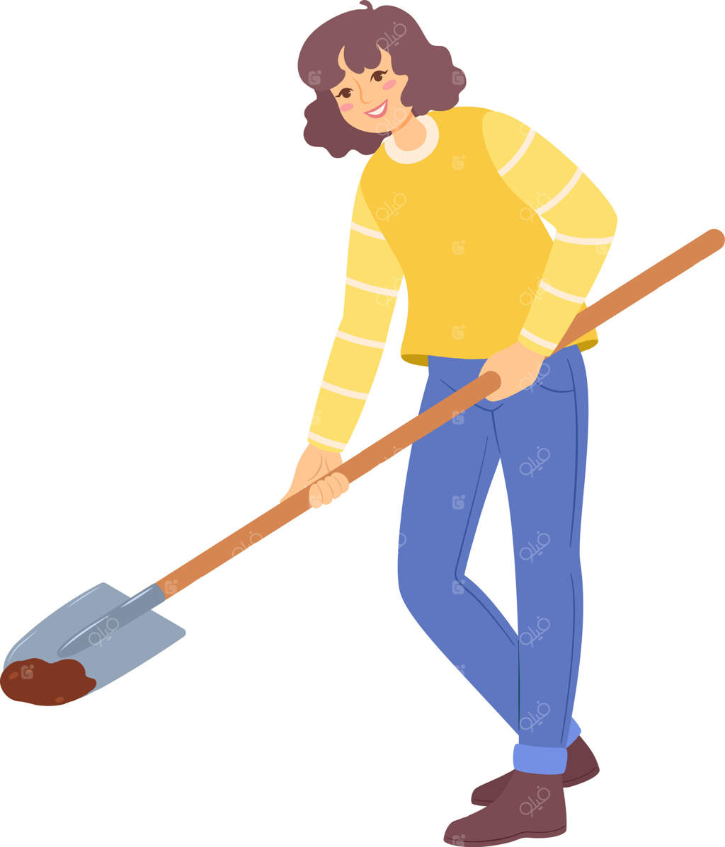 کشاورز خوشحال در حال حفر زمین با بیل، آماده‌سازی خاک برای کاشت، باغبانی، کشاورزی، مفهوم کاشت بهاری، کار در باغ، آماده‌سازی باغچه سبزیجات