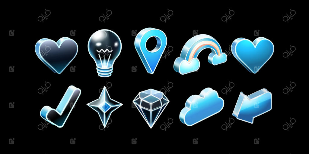عناصر نماد شیشه‌ای سه‌بعدی: قلب، لامپ، مکان، پیکان، رنگین‌کمان، نور ستاره، کریستال، علامت تیک و ابر. مناسب برای عناصر طراحی