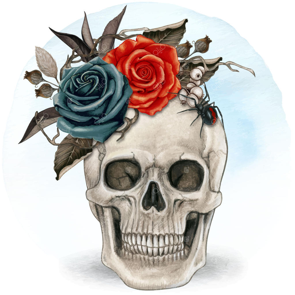 جمجمه هالووینی تزئین شده با گل رز و برگ‌های خشک به سبک آبرنگی