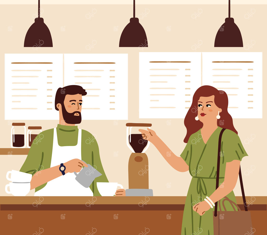 باریستای کافی‌شاپ نوشیدنی قهوه برای زنی در صبح در کافی‌تریا آماده می‌کند؛ مشتری به انرژی کافئین‌ نیاز دارد، مردی با دختر شیک‌پوش معاشرت می‌کند.