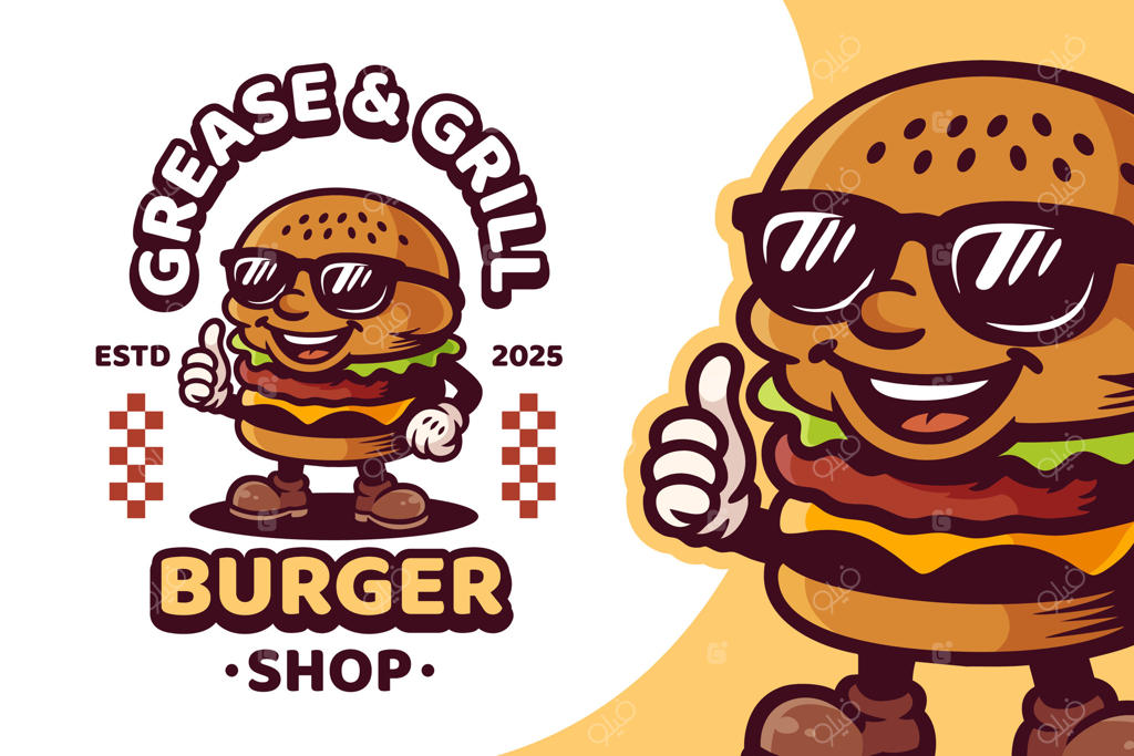 لوگوی نوستالژیک همبرگر به شکل کاراکتر کارتونی برای فروشگاه و کافه همبرگر