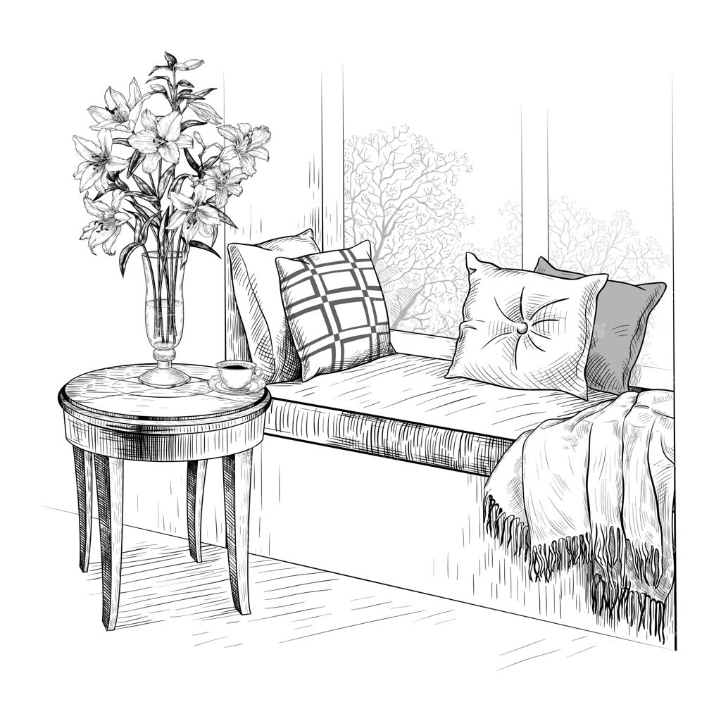 مبل کنار پنجره: تصویرسازی دستی به سبک قدیمی در طراحی داخلی