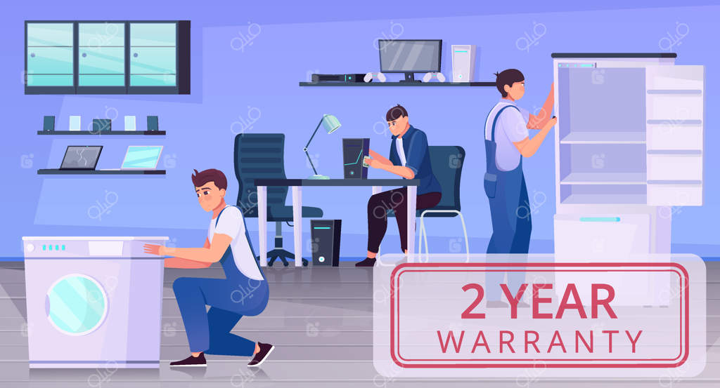 کارت گارانتی تعمیرات با تصویر دفتر و تصویرسازی تعمیرکاران