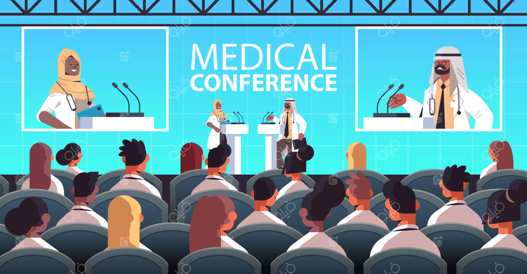 تصویرسازی وکتور افقی از زوج پزشک عرب در حال سخنرانی پشت تریبون در سالن کنفرانس پزشکی