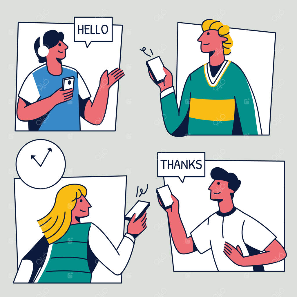 تصویرسازی افراد در حال مکالمه تلفنی به صورت دست‌ساز