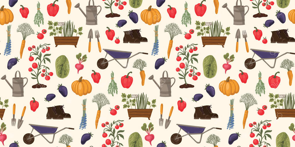 باغبانی، سبزیجات، گیاهان دارویی، وسایل باغ. پترن یکپارچه. طراحی