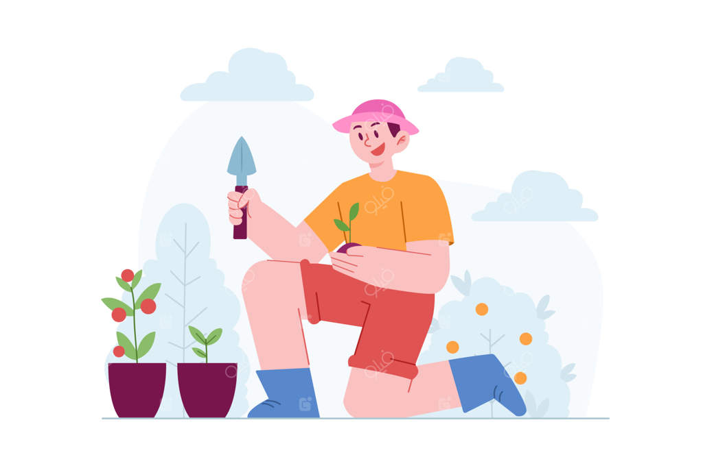 ایده تصویرسازی مفهوم باغبانی برای قالب صفحه فرود: کشاورزی ارگانیک برای رشد غذا، برداشت گیاه با استفاده از طبیعت سبز و بوم‌شناسی، کشاورزی و غذای محلی، طراحی دستی سبک تخت وکتور پیشرفته