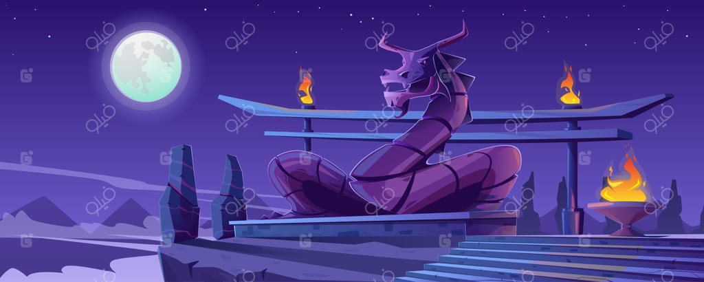 تصویرسازی وکتور منظره پانوراما از معبد باستانی و مجسمه اژدها بر فراز کوه با پله‌های سنگی، ویرانه‌ها و ستون‌های شعله‌ور زیر نور ماه