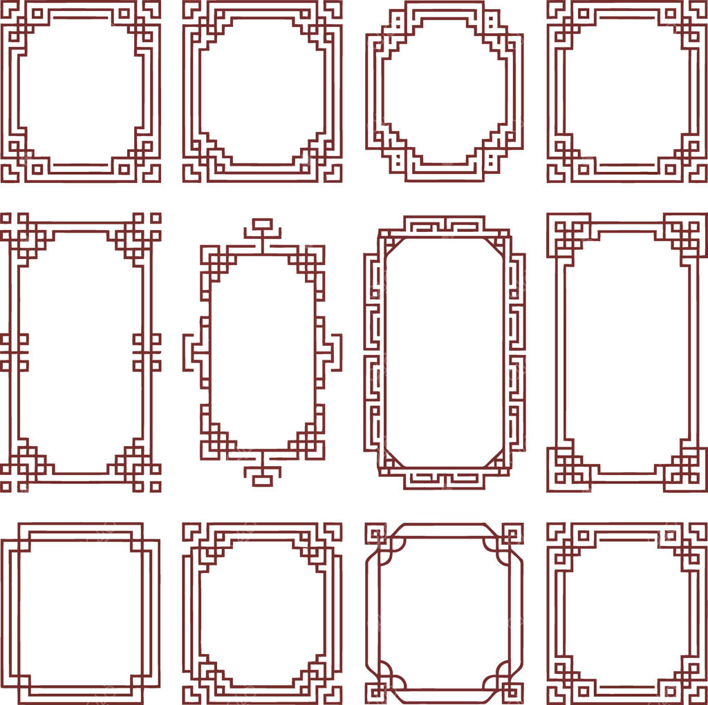 مجموعه دوازده قاب زینتی با الگوهای هندسی الهام‌گرفته از طرح‌های سنتی چینی، روی پس‌زمینه سفید