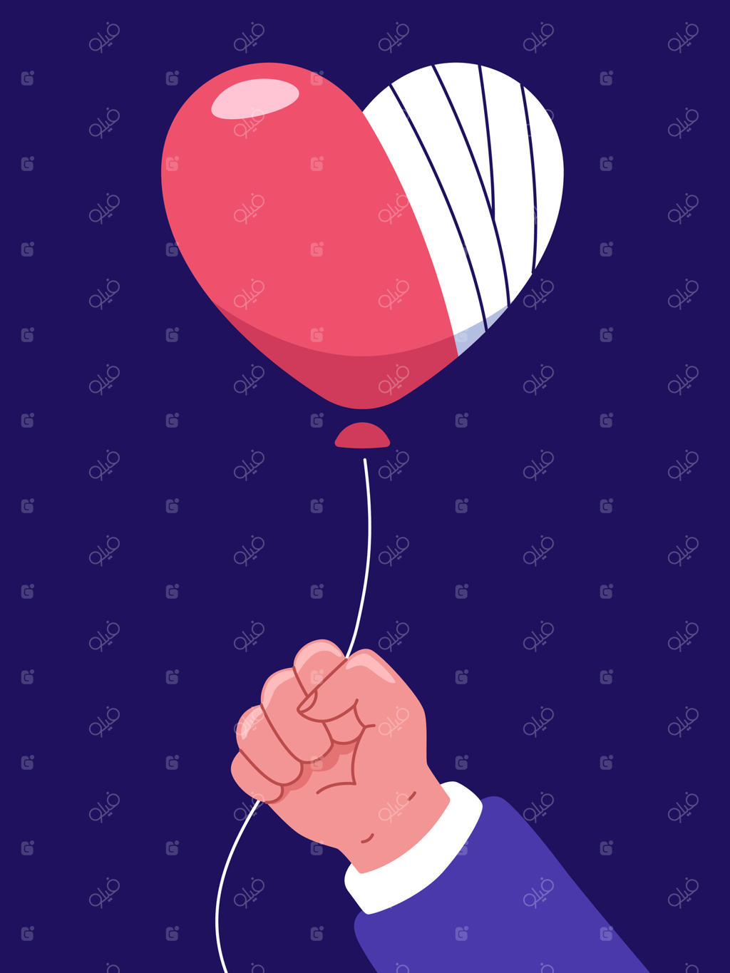 تصویر نمادین از قلبی شکسته: بالن قلبی شکل زخمی که در دست انسانی محکم گرفته شده است.