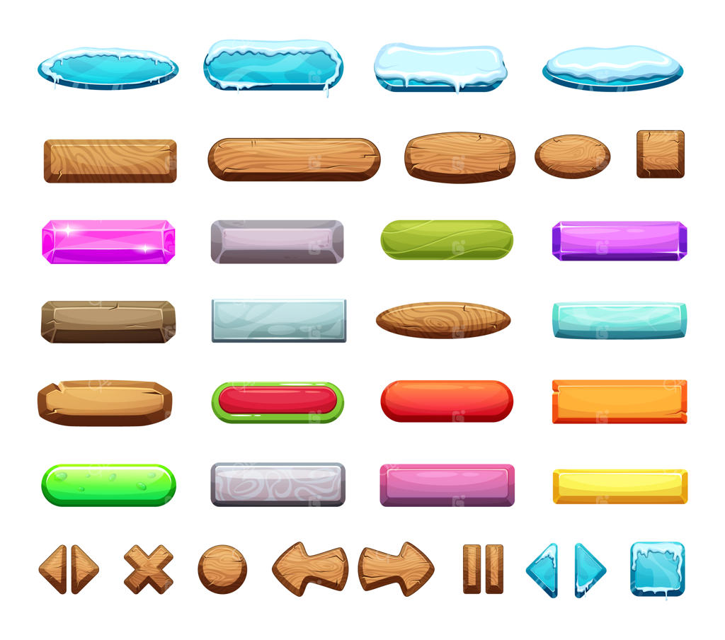 مجموعه طراحی دکمه‌های چوبی، یخ‌زده و رنگارنگ برای رابط کاربری بازی‌های کارتونی و وب