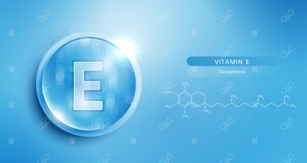 وکتور قطره آبی ویتامین E و ساختار مولکولی، محلول کمپلکس ویتامین با فرمول شیمیایی طبیعی، طرح مراقبت از پوست و درمان زیبایی، مفهوم علمی و پزشکی برای محصولات آرایشی