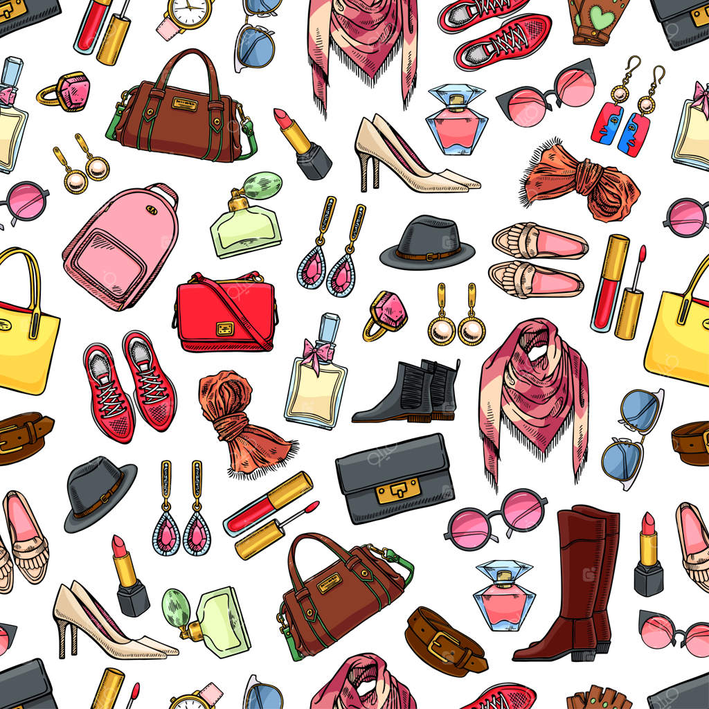 پترن بامزه و بی‌وقفه از لباس‌ها، کفش‌ها و لوازم زنانه.